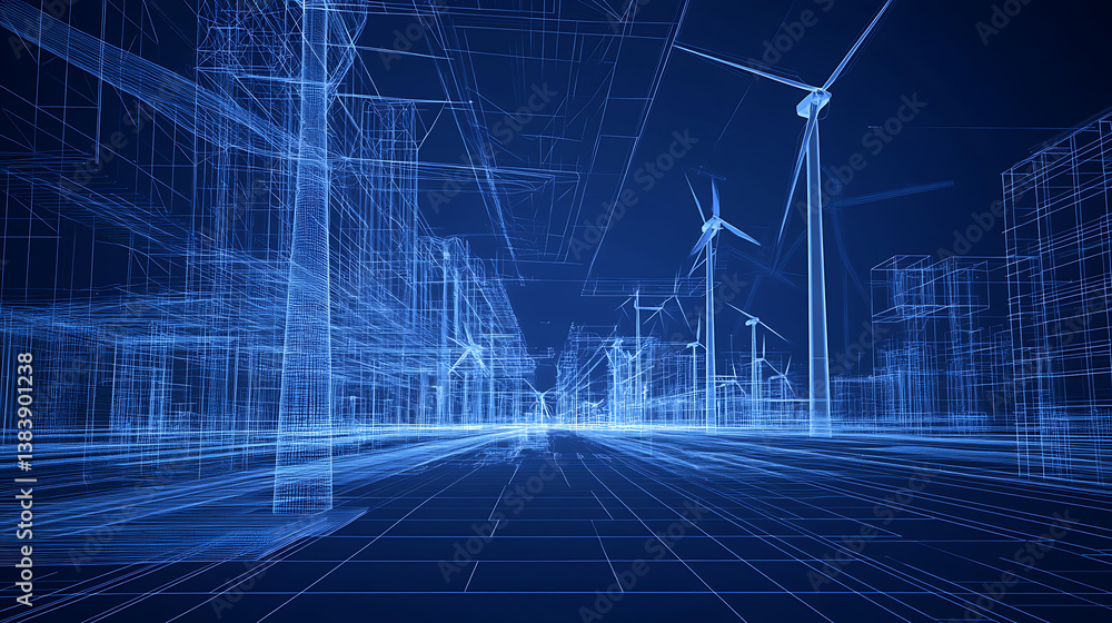 Fototapete a wireframe of wind turbines showcasing advanced design and performance analysis, highlighted in blu