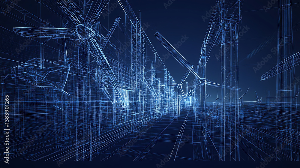 Poster a wireframe of wind turbines showcasing advanced design and performance analysis, highlighted in blu