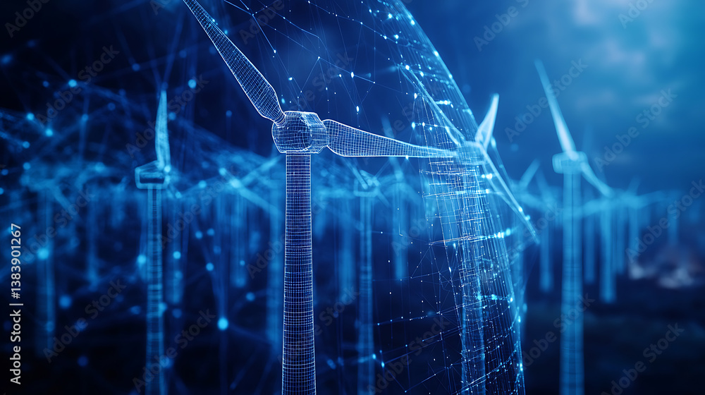 Poster A wireframe of wind turbines showcasing advanced design and performance analysis, highlighted in blue tones, emphasizing the intricacies of renewable energy technology