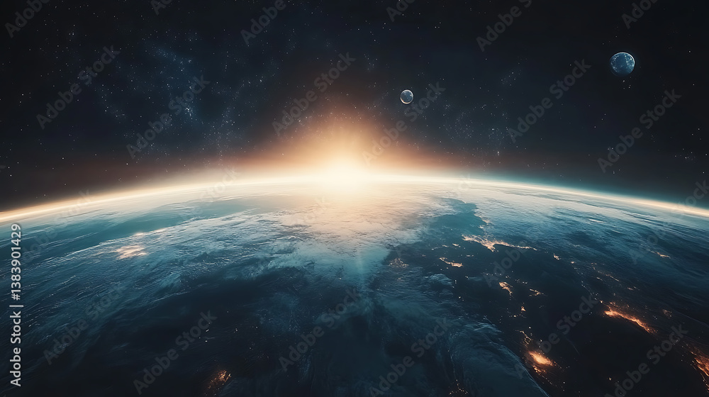 Poster above the surface of the planet earth, a parade of planets has built up among the cosmic bodies, 3d 