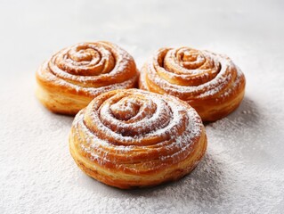 Fototapeta premium Three Delicious Cinnamon Rolls with Powdered Sugar