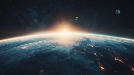Obraz premium Above the surface of the planet earth, a parade of planets has built up among the cosmic bodies, 3d rendering