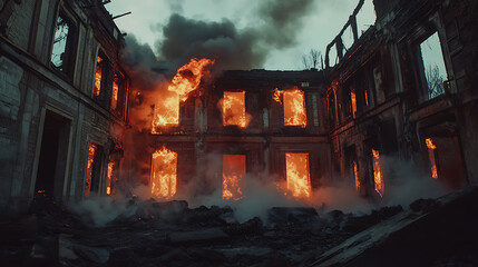 Abandoned burning destroyed buildings with smoke and flames of fire
