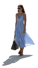 Backlit woman in a summer dress walking outside and wind blowing her dress isolated on transparent...