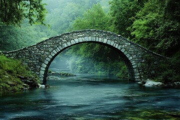 Fototapeta premium Tranquil stone bridge over a serene river surrounded by lush green trees in nature
