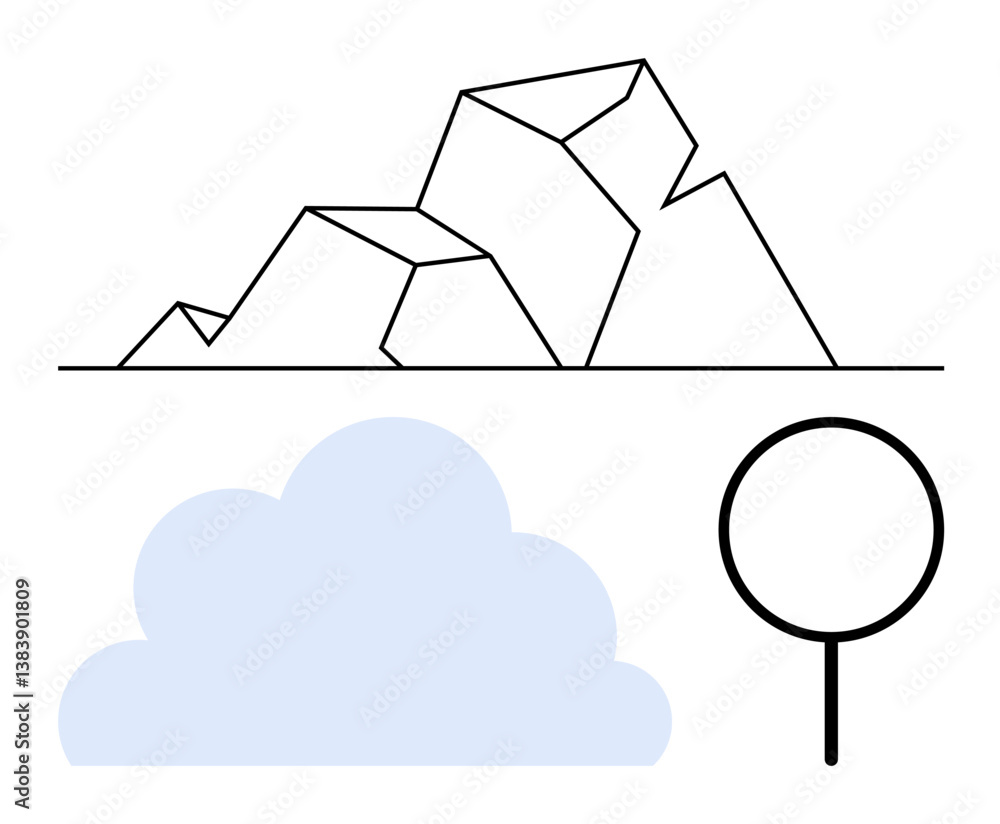 Poster mountaintop with angular lines, soft cloud shape, and basic tree design evoke simplicity. ideal for 