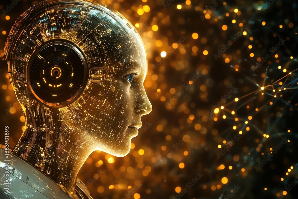 Poster futuristic robotic head illuminated by glowing data patterns and lights