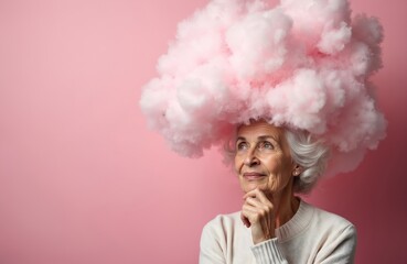 Elderly woman with cloud shaped head, pink background. Concept mental health, memory loss, dementia, brain fog. Thoughtful senior female looks up, contemplates thoughts. Mind, thinking, creativity,