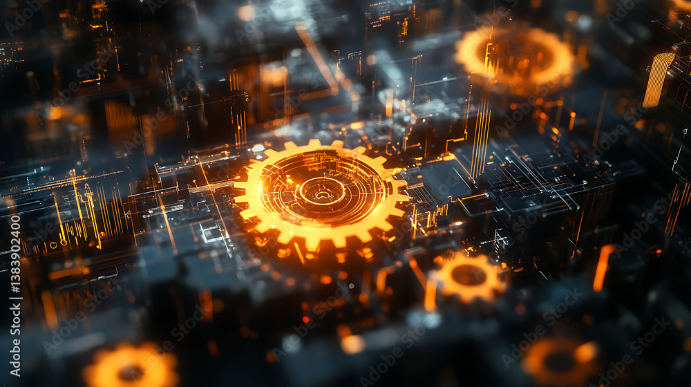 Aufkleber abstract background with gears and geometric shapes, technology concept banner
