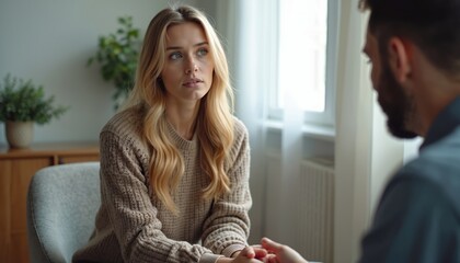 Psychologist listening client in calm office setting. Female client looks thoughtful during consultation. Therapist supports patient building trust. Mental health care, counseling, wellness, empathy.