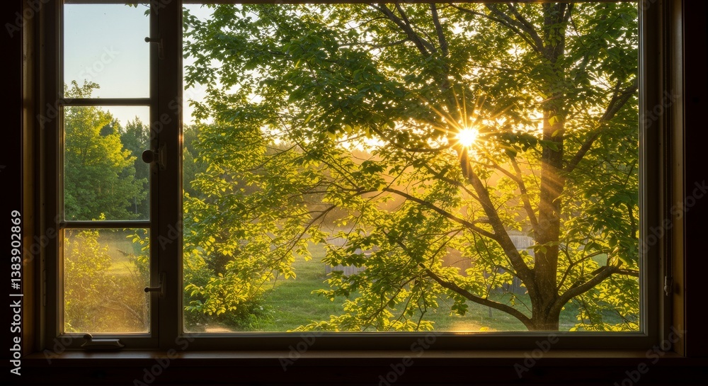 Poster sunlit spring through window pane - golden sunlight streams through a window, illuminating lush gree