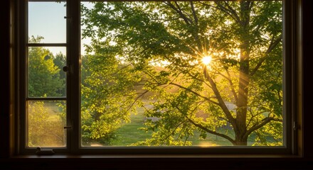 Sunlit Spring Through Window Pane - Golden sunlight streams through a window, illuminating lush green leaves of a tree in spring. Peaceful and serene nature scene