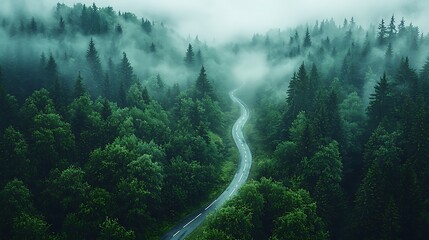 A serene misty forest with a winding solar-powered road, surrounded by dense green trees and wildlife, emitting a futuristic glow