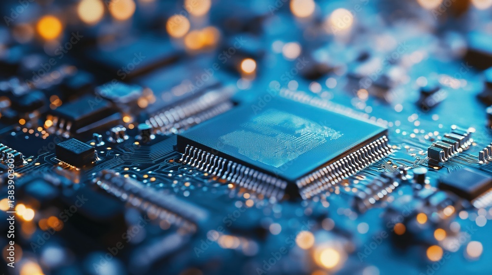 Aufkleber close-up of electronic microchip on a luminous circuit board with detailed connections