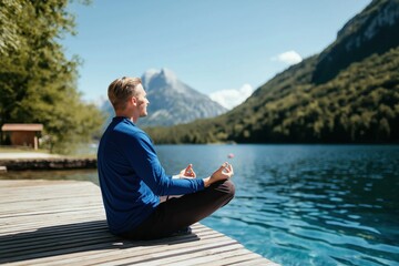 Young caucasian male meditating by mountain lake in blue shirt and black pants on wooden dock