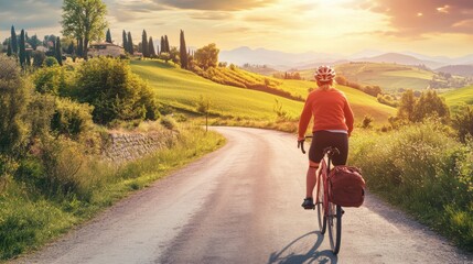 Cyclist on a Scenic Road in Beautiful Countryside at Sunset