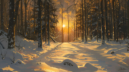 Winter forest scene with golden sunlight shining through the trees and snow covered ground below .