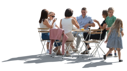 Backlit cafe scene with many people, children and adults, sitting happily around the table and talking, isolated on transparent background