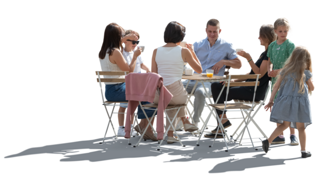Backlit cafe scene with many people, children and adults, sitting happily around the table and talking, isolated on transparent background