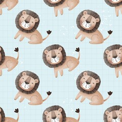 Seamless pattern with cartoon lion, decor elements. colorful illustration for kids. hand drawing,...