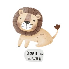cartoon lion, hand drawing lettering. Colorful illustration for kids, flat style. baby design for...