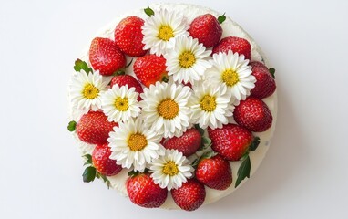 Decorated Strawberry Cake with Cream and Daisies for Celebration