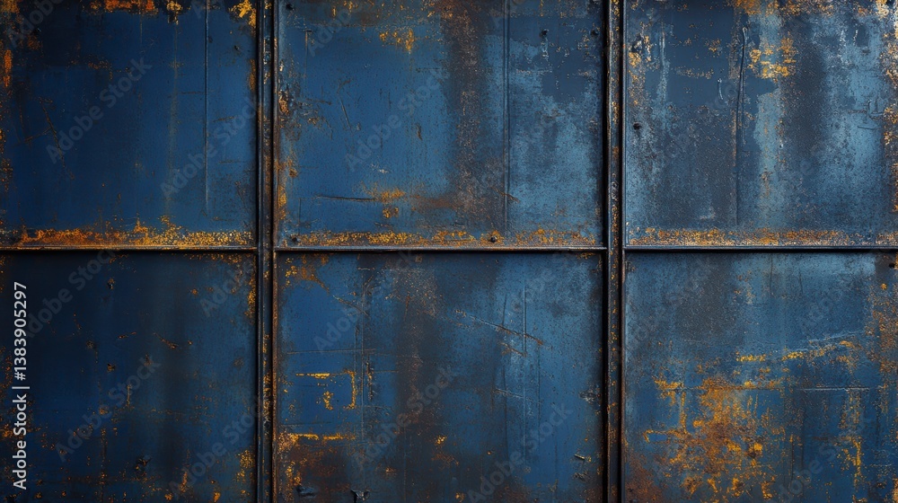 Poster Weathered blue metal panels with rust showing through, creating a textured background.