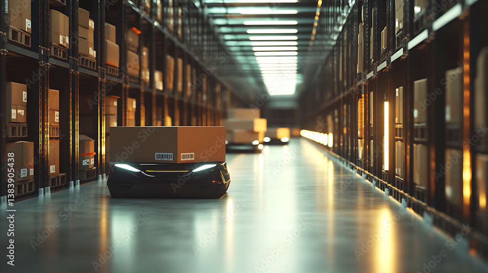 Poster future technology 3d concept automated retail warehouse agv robots delivering cardboard boxes in dis