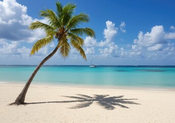 Fototapeta premium A palm tree on a white sand beach with turquoise water and a sailboat in the distance on a sunny day