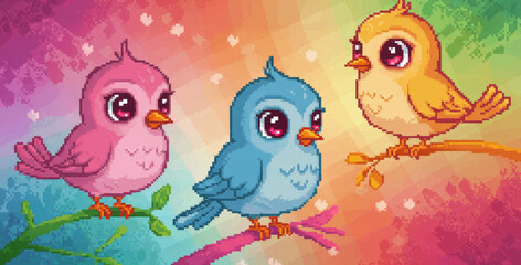 Obraz premium Three Cute Birds on Branches - Adorable pixel art depicting three colorful birds perched on branches against a vibrant rainbow background