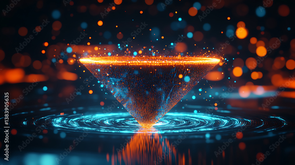Fototapete futuristic digital funnel concept with glowing lines and particles, it symbolizes the flow of data, 
