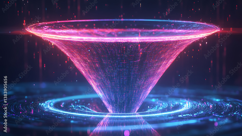 Fototapete futuristic digital funnel concept with glowing lines and particles, it symbolizes the flow of data, 