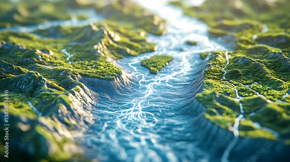 Poster futuristic digital landscape with river passing trough metallic terrain landscape, abstract informat
