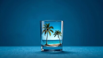 Beach, palm trees, golden sand, gentle sea, depicted in a glass. Concept of rest, relaxation. Space for text