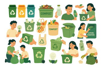 People sorting waste, composting food, using eco bags and recycling at home and outdoors.