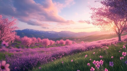 Lavender Field with Blooming Pink Trees and Mountain Range at Sunset