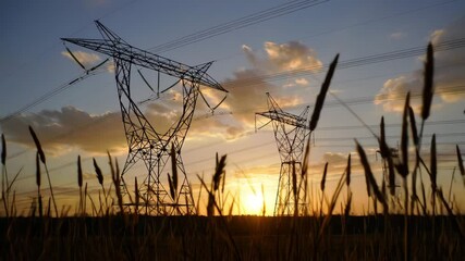 High voltage power lines at sunset, electricity transmission, energy infrastructure, power distribution network, renewable energy concept, electrical engineering, energy blog, industrial advertisement