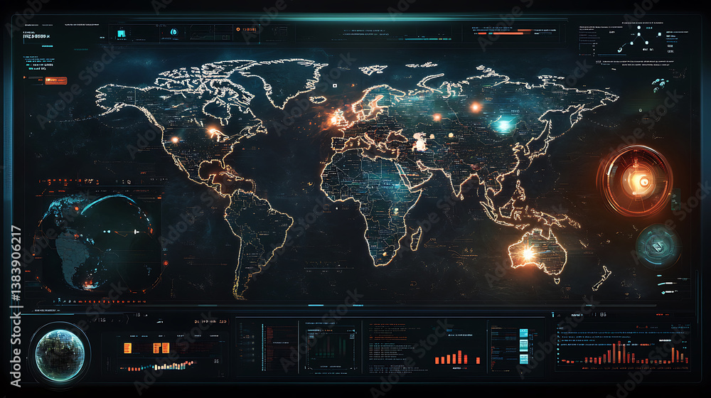 Poster Futuristic world map interface with statistical data panels and hud elements, representing global connectivity