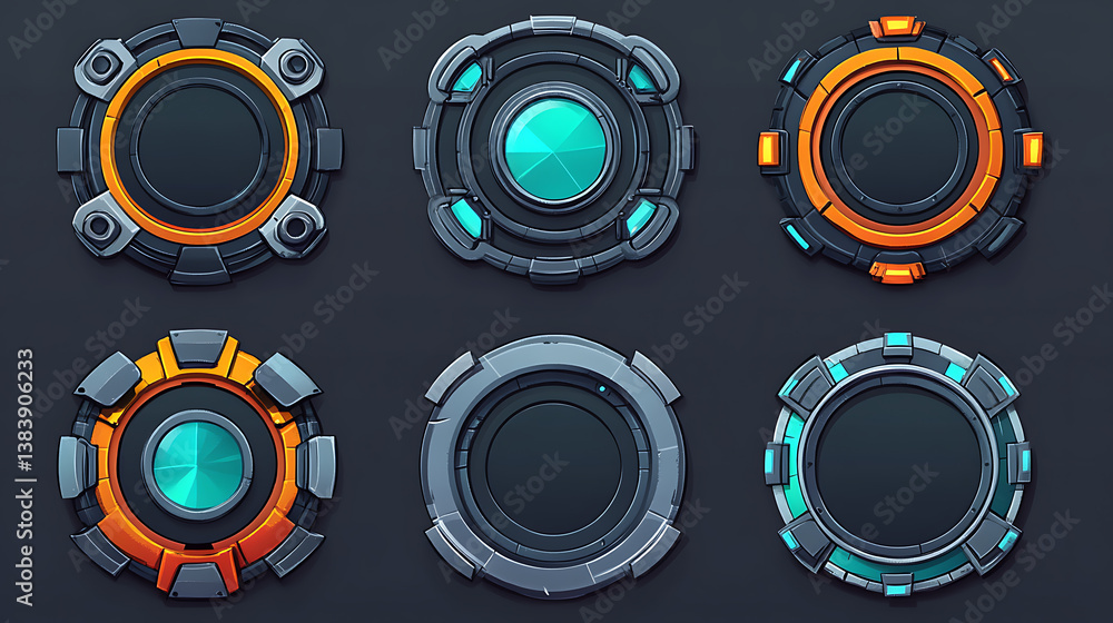 Poster Game circle metal frames, cartoon set of user interface elements with metal border isolated gray background