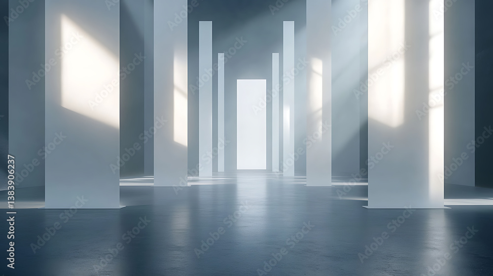 Poster gallery like setting with multiple empty white banners prominently displayed, simplistic exhibition