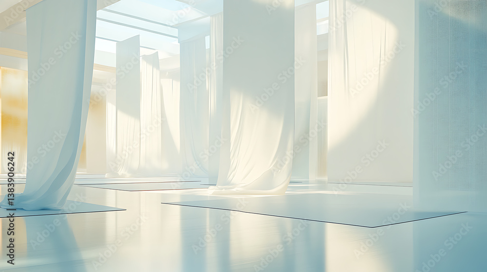 Poster Gallery like setting with multiple empty white banners prominently displayed, simplistic exhibition