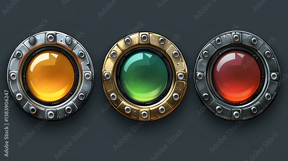 Poster Game circle metal frames, cartoon set of user interface elements with metal border isolated gray background