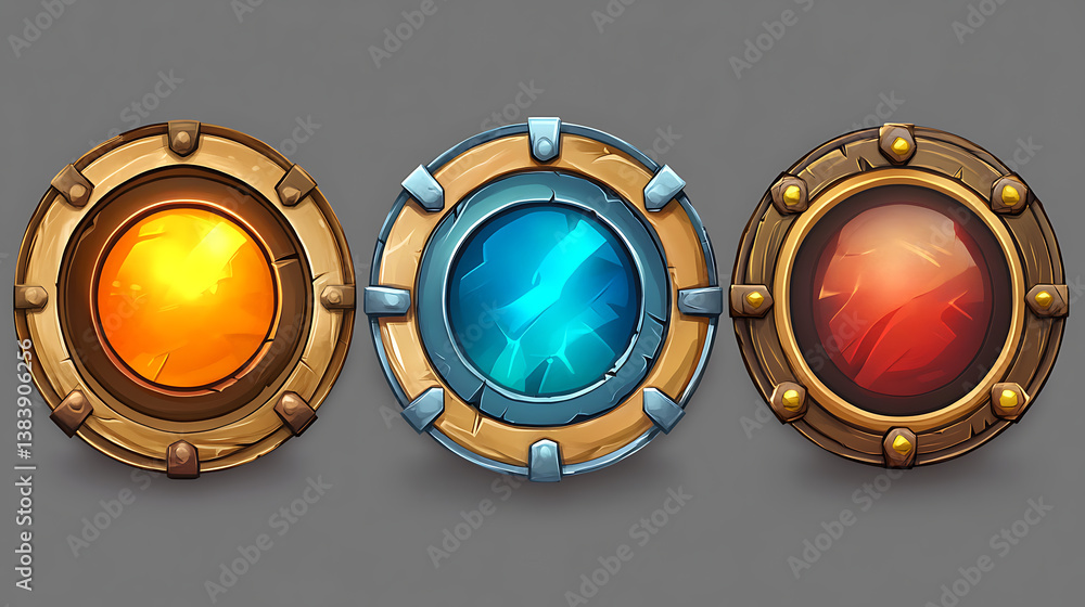 Poster Game circle metal frames, cartoon set of user interface elements with metal border isolated gray background