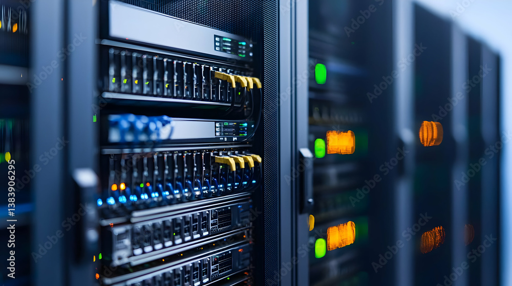 Aufkleber close up view of server racks in data center
