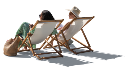 Two women on beach vacation relaxing in sling chairs and talking. Backlit image isolated on transparent background