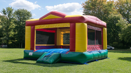Colorful inflatable bounce house on green grass outdoors.