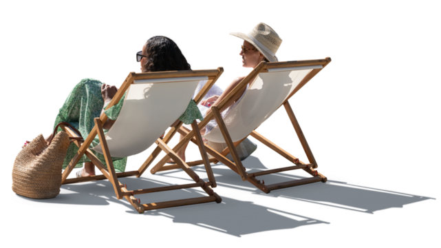 Two women on beach vacation relaxing in sling chairs and talking. Backlit image isolated on transparent background