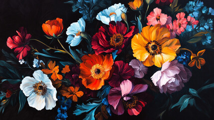 Vibrant oil painting of a lush bouquet featuring poppies, anemones, and other flowers in rich jewel tones against a dark background.