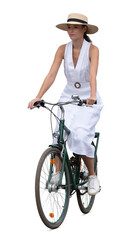 Woman in a white summer dress and wearing a hat riding a bicycle isolated on transparent background
