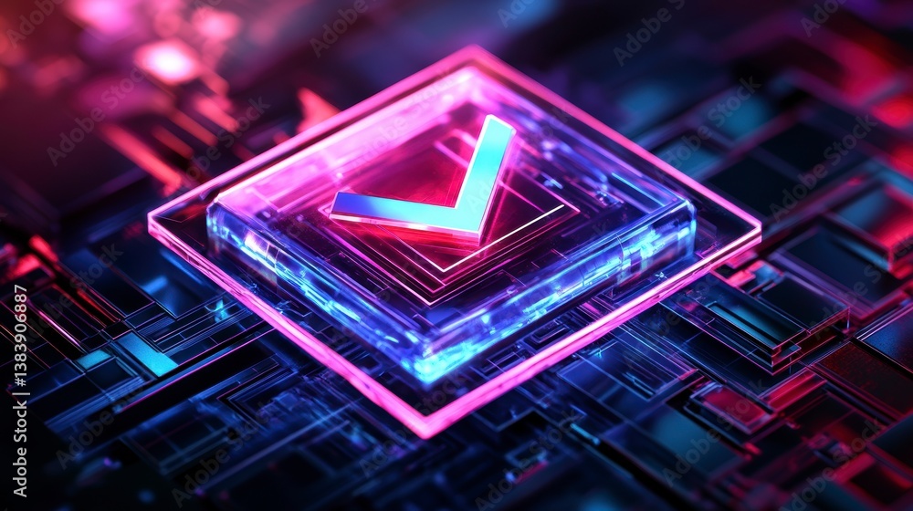 Poster neon checkmark symbol on a futuristic circuit board.